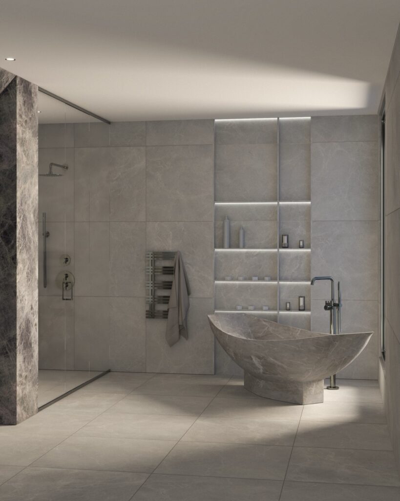 Bathroom with bathtub and glass shower, coordinated materials and interior design details — Montreal interior design
